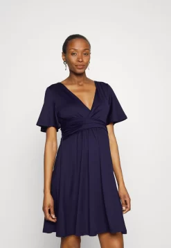Sleeves Wrap Waist V Flared Mini Dress - Robe En Jersey - Dark Blue